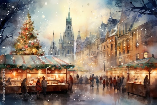 Traditional Christmas market in Germany watercolor illustration background. Weihnachtsmarkt.