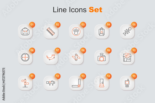 Set line Walkie talkie, Cartridges, Trap hunting, Sniper optical sight, Road traffic sign, Hunting shop, Photo camera and Swiss army knife icon. Vector