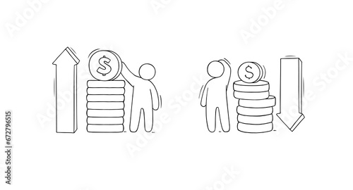 Money icons, coins stacks with up and down arrows