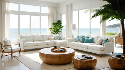 Luxury beach house. home interior space living room. sofa on wooden floor with ocean seaside blue sky view, sea beach, summer freshness travel season window view house design style photo