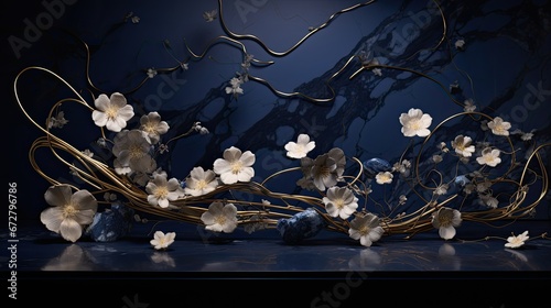 Navy marble as a night sky for a constellation of ivory petals and gold wire art. Art design for wedding, jewel, gem, fashion, opulence, glamour.  photo