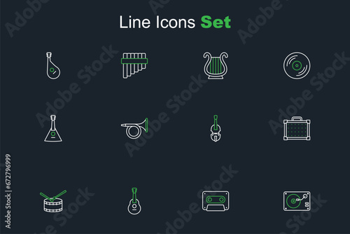 Set line Vinyl player with vinyl disk, Retro audio cassette tape, Guitar, Drum drum sticks, amplifier, Violin, Trumpet and Balalaika icon. Vector