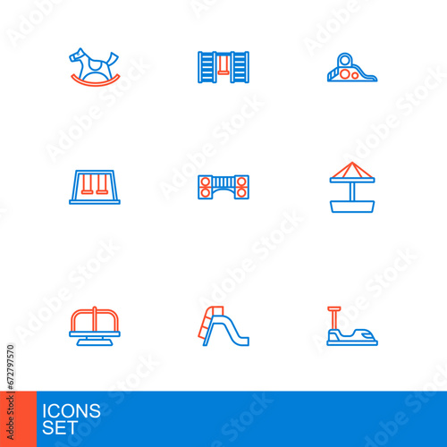 Set line Bumper car, Slide playground, Attraction carousel, Sandbox with sand, Swings for kids, Playground bridge, and Swedish wall icon. Vector