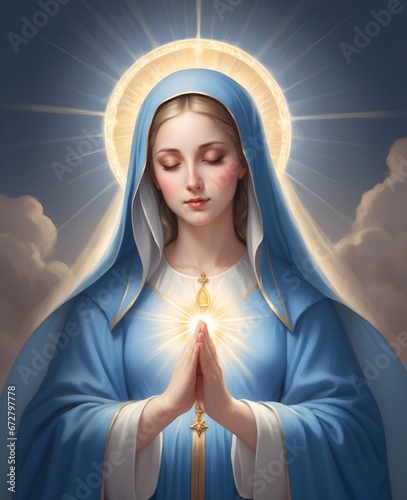 Our Lady with halo and hands in position of pray photo