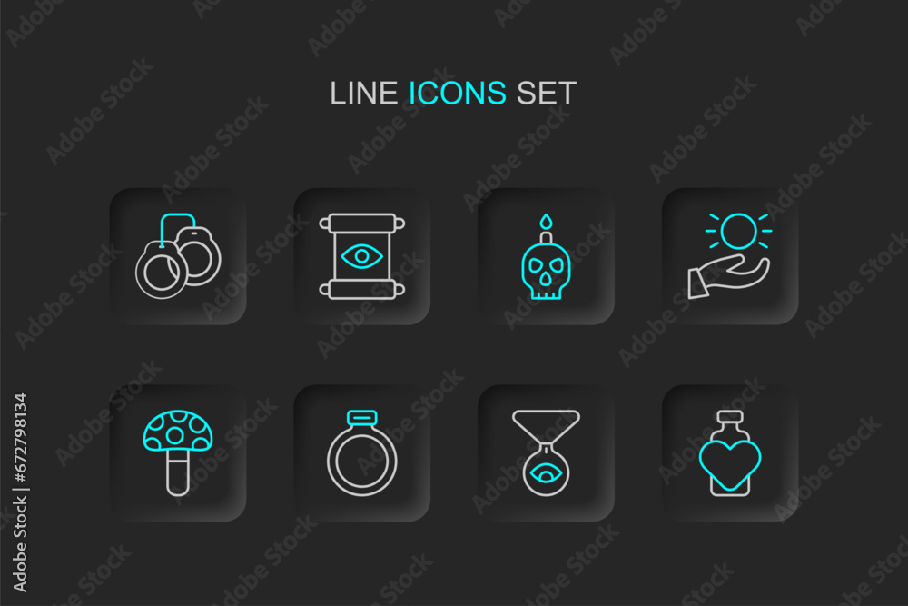 Set line Bottle with love potion, Medallion chain eye, Magic stone ring, Psilocybin mushroom, Ball levitating above hand, Burning candle skull, scroll and Handcuffs icon. Vector Set line Bottle with love potion, Medallion chain eye, Magic stone ring, Psilocybin mushroom, Ball levitating above hand, Burning candle skull, scroll and Handcuffs icon. Vector