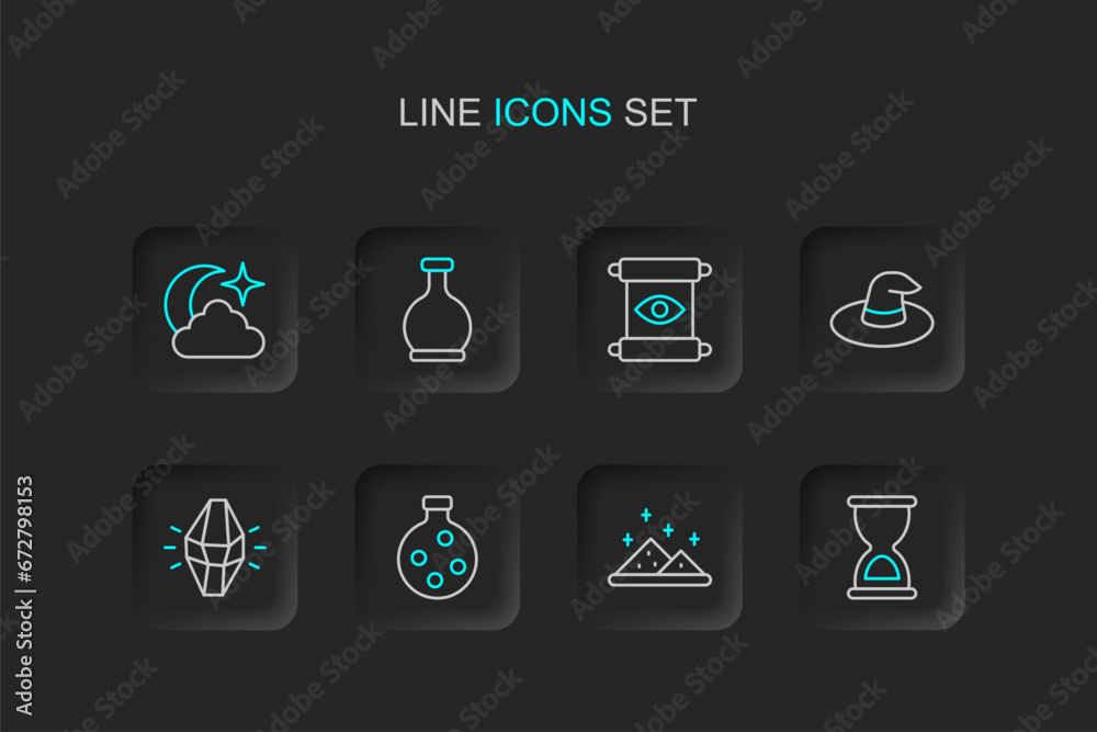 Set line Old hourglass, Magic powder, Bottle with potion, stone, Witch hat, scroll, and Moon and stars icon. Vector Set line Old hourglass, Magic powder, Bottle with potion, stone, Witch hat, scroll, and Moon and stars icon. Vector