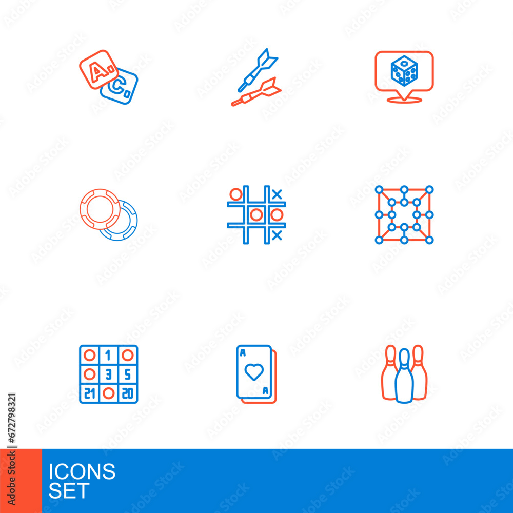 Set line Bowling pin, Playing cards, Bingo, Board game, Casino chips, Tic tac toe, Game dice and Dart arrow icon. Vector Set line Bowling pin, Playing cards, Bingo, Board game, Casino chips, Tic tac toe, Game dice and Dart arrow icon. Vector