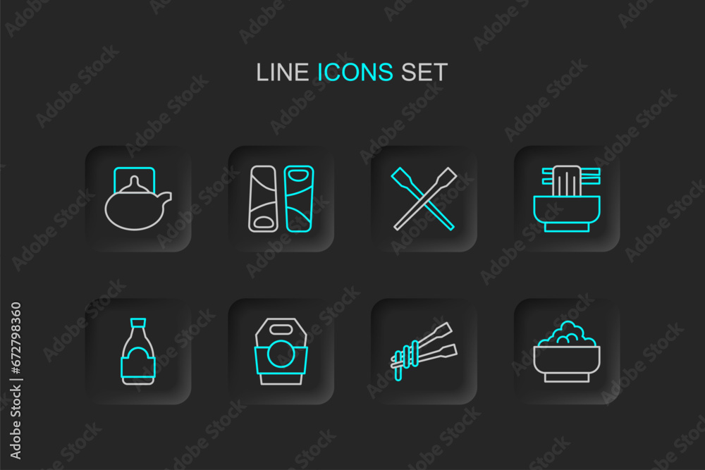 Set line Rice in a bowl, Food chopsticks with noodles, Asian paper box, Soy sauce bottle, Guotie and Traditional tea ceremony icon. Vector
