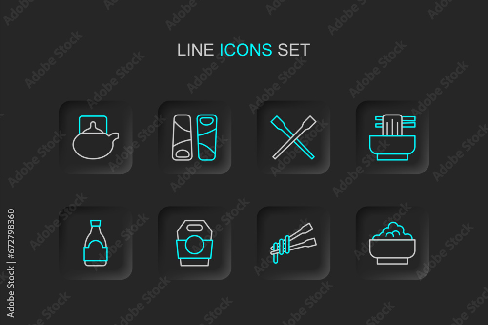 Set line Rice in a bowl, Food chopsticks with noodles, Asian paper box, Soy sauce bottle, Guotie and Traditional tea ceremony icon. Vector Set line Rice in a bowl, Food chopsticks with noodles, Asian paper box, Soy sauce bottle, Guotie and Traditional tea ceremony icon. Vector