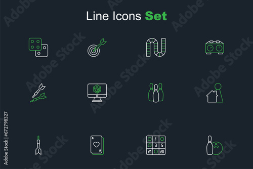 Set line Bowling pin and ball, Bingo card, Playing cards, Dart arrow, Chip for board game, Game dice and icon. Vector