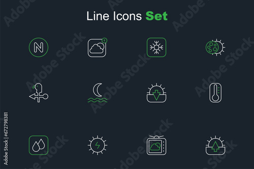 Set line Sunrise, Weather forecast, Solar energy panel, Water drop, Thermometer, Sunset, Night fog smoke and Rooster weather vane icon. Vector