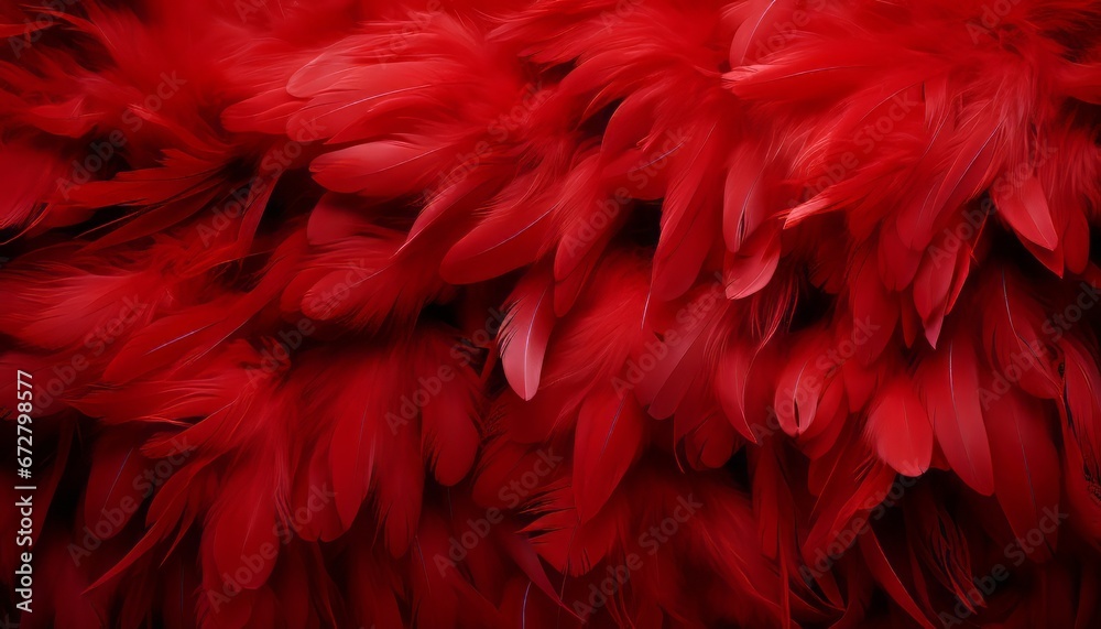 Meticulously detailed digital art of grand bird feathers in a vibrant red texture background