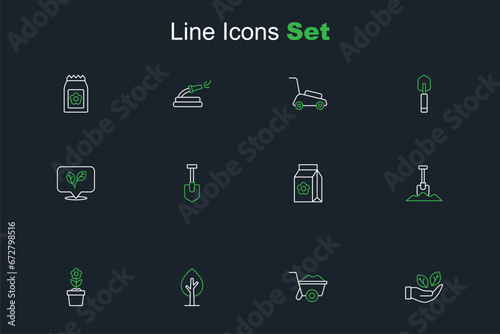 Set line Leaf in hand, Wheelbarrow, Tree, Flower pot, Shovel, Pack full of seeds, and icon. Vector