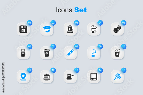 Set Electronic coffee scales, Coffee cup to go, Pour over maker, Location with, Spatula grain, Iced, Bag beans and Sugar stick packets icon. Vector