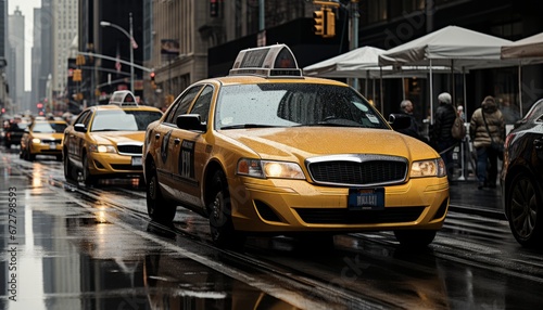 Yellow cabs in motion blur on bustling nyc street, vibrant color tones, 16k super quality © Ilja