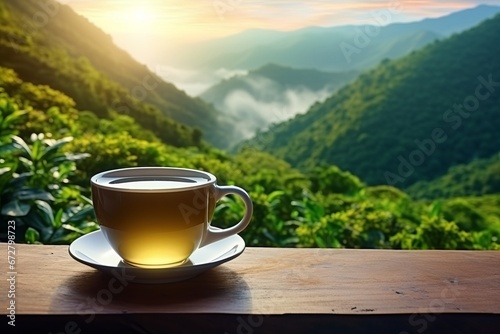 A cup of tea on a green plantation background. AI generative