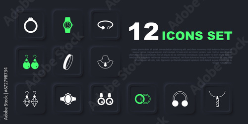 Set Piercing, Pendant on necklace, Wedding ring, rings, Earrings, Diamond engagement, Wrist watch and icon. Vector