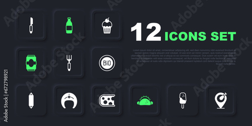 Set Ice cream, Chicken leg, Fork, Taco with tortilla, Soda can, Fish steak, Bottle of wine and Cheese icon. Vector