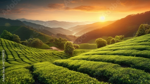 Green plantation of tea landscape. AI generative