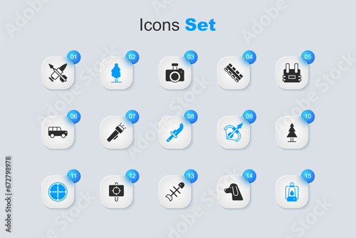 Set Hunting dog, Flashlight, Tree, Sniper optical sight, Camping lantern, Crossed bullet with arrow and Hunter knife icon. Vector