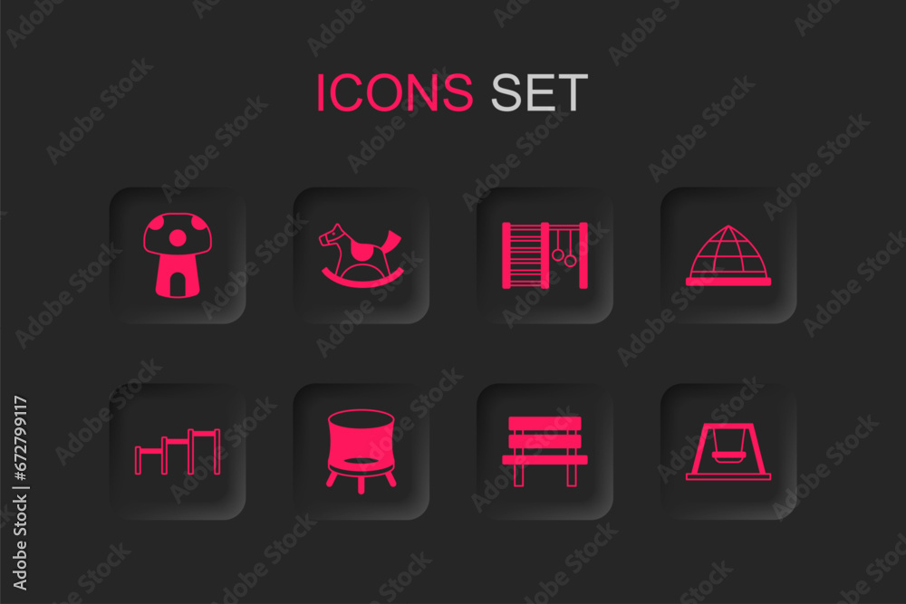 Set Jumping trampoline, Horse saddle swing, Mushroom house, Bench, Playground climbing equipment, Swing for kids, Swedish wall and Sport horizontal bar icon. Vector Set Jumping trampoline, Horse saddle swing, Mushroom house, Bench, Playground climbing equipment, Swing for kids, Swedish wall and Sport horizontal bar icon. Vector