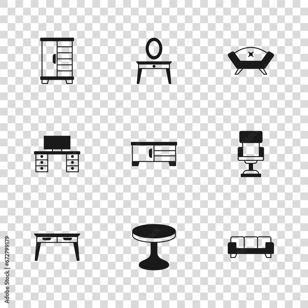 Set Round table, Office chair, Sofa, TV stand, Wardrobe, Dressing and desk icon. Vector