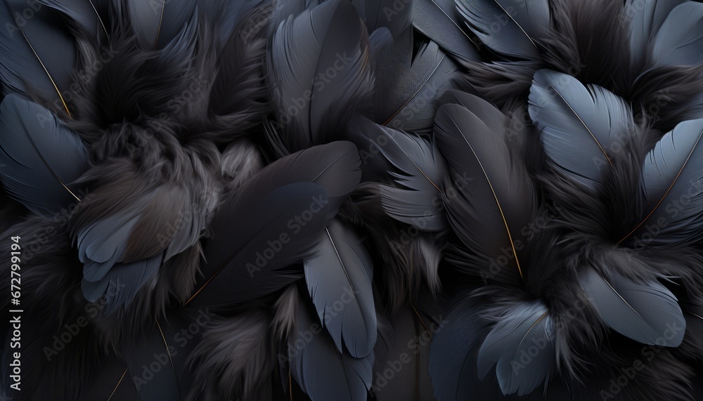 Detailed black feathers texture background  high resolution digital art with large bird feathers - obrazy, fototapety, plakaty 