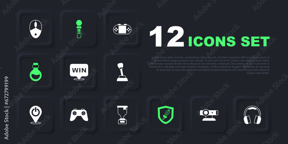 Set Web camera, Headphones, Medal, Sword for game, Bottle with magic elixir, Game controller joystick, VR and Award cup icon. Vector Set Web camera, Headphones, Medal, Sword for game, Bottle with magic elixir, Game controller joystick, VR and Award cup icon. Vector