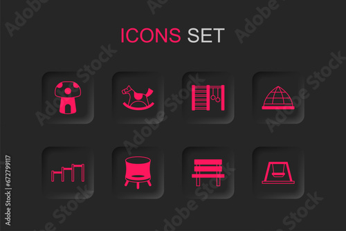 Set Jumping trampoline, Horse saddle swing, Mushroom house, Bench, Playground climbing equipment, Swing for kids, Swedish wall and Sport horizontal bar icon. Vector
