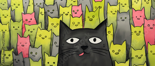 Illustration of a group of cats with different emotions in the background