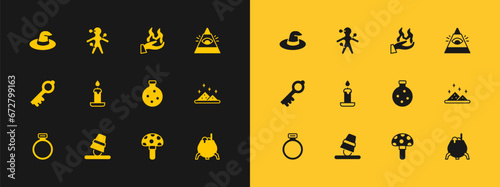 Set All-seeing eye of God, Game thimbles, Bottle with potion, Psilocybin mushroom, Burning candle, Hand holding fire, Witch hat and Voodoo doll icon. Vector