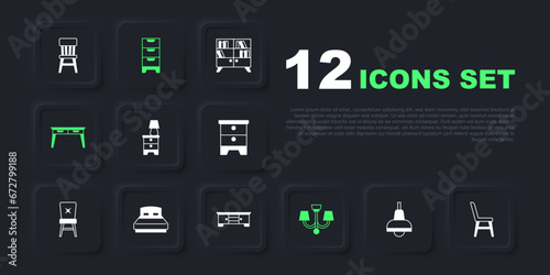 Set Lamp hanging, Chair, Furniture nightstand with lamp, Chandelier, Office desk, Big bed, Chest of drawers and TV table icon. Vector