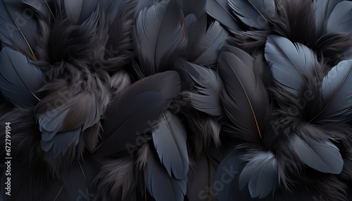 Detailed black feathers texture background  high resolution digital art with large bird feathers photo