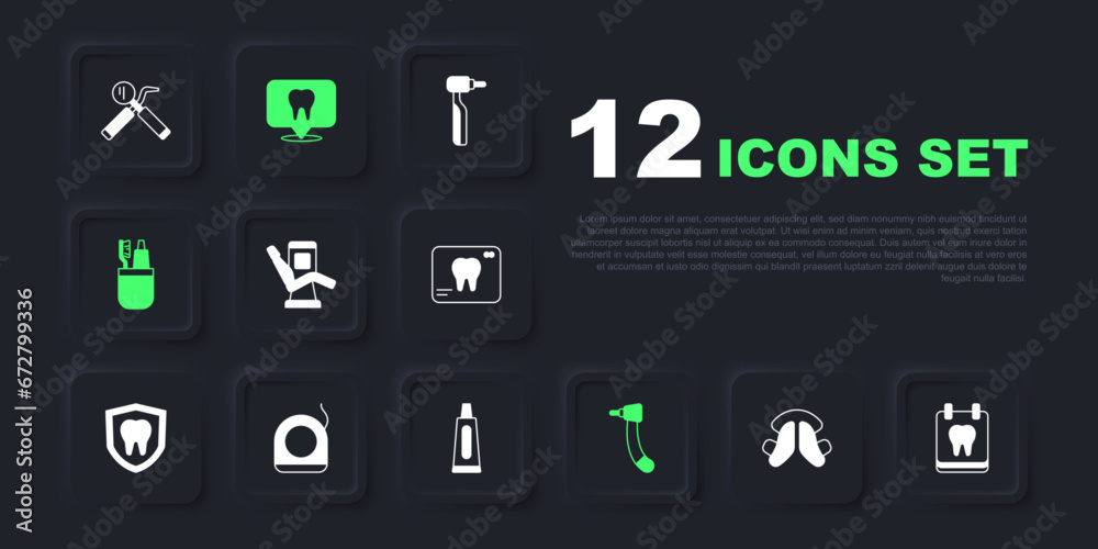 Set Dental tooth plate, Calendar with, Medical dental chair, Tooth drill, Toothbrush and toothpaste, floss, clinic location and Tube of icon. Vector Set Dental tooth plate, Calendar with, Medical dental chair, Tooth drill, Toothbrush and toothpaste, floss, clinic location and Tube of icon. Vector
