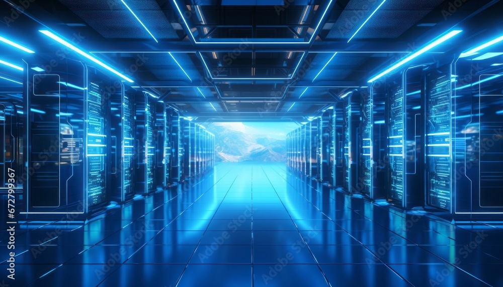 State of the art modern data center with neatly organized server racks emitting a soft blue glow