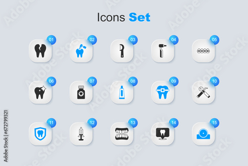 Set Dental clinic location, Toothache painkiller tablet, with caries and drill, protection, Otolaryngological head reflector, mirror probe, Broken tooth and Tube of toothpaste icon. Vector