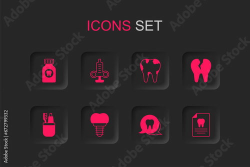 Set Dental implant, Syringe, Toothache painkiller tablet, Broken tooth, Clipboard with dental card, and Toothbrush and toothpaste icon. Vector
