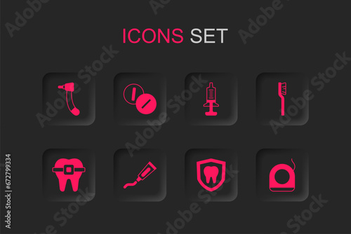 Set Tube of toothpaste, Toothache painkiller tablet, drill, Dental protection, Toothbrush, floss, Syringe and Teeth with braces icon. Vector