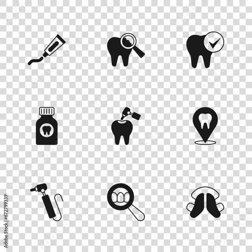 Set Dental search, clinic location, tooth plate, Tooth with caries and drill, Tube of toothpaste, Broken and Toothache painkiller tablet icon. Vector