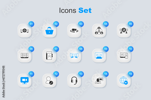 Set Video chat conference, Phone book, Freelancer, Movie, film, media projector and icon. Vector