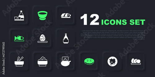 Set Rice in a bowl, Chicken egg, Chinese tea, Homemade pie, Served fish on plate, Soy sauce and Traditional ceremony icon. Vector