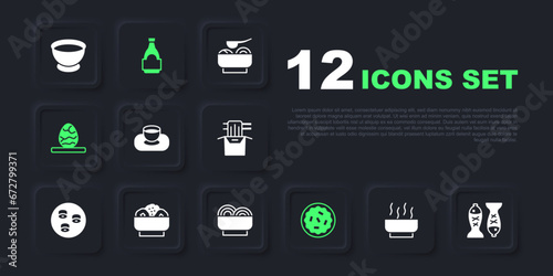 Set Ramen soup bowl, Served fish on plate, Soy sauce in, Homemade pie, Chinese tea egg, Chow mein, bottle and Asian noodles icon. Vector