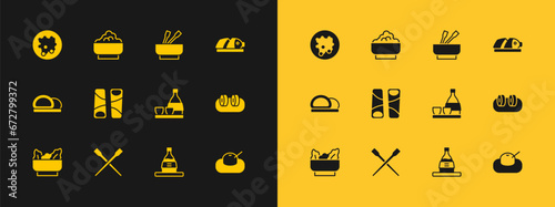 Set Fish with sliced pieces, Food chopsticks, Bottle of sake, Guotie, Asian noodles in bowl, Rice and icon. Vector