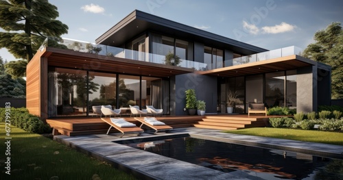 Contemporary Calm - modern dark villa with open plan living and private chair wing with small terrace for relaxation, Generative AI