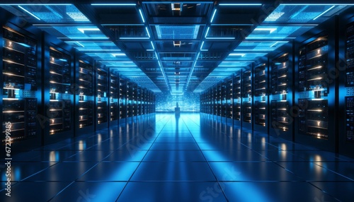 Modern data center with state of the art server racks emitting a captivating blue glow