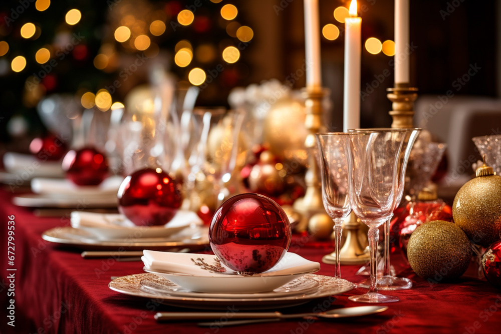 Christmas table decorated with utensils for Christmas dinner. Table decoration for Christmas.