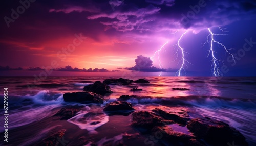 Captivating lightning bolt brilliantly illuminating dark sky on enchanting sea horizon