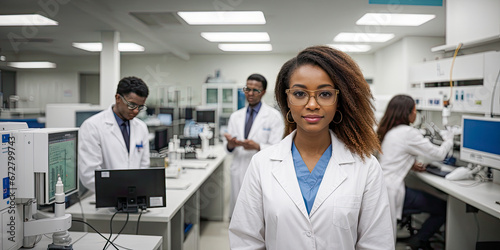 young female medical scientist stands with her arms crossed in the laboratory. Female scientist working on a new scientific experiment. Medical research. Generative AI