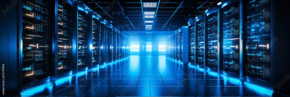 Modern data center state of the art server racks emitting a captivating soft blue glow Modern data center state of the art server racks emitting a captivating soft blue glow