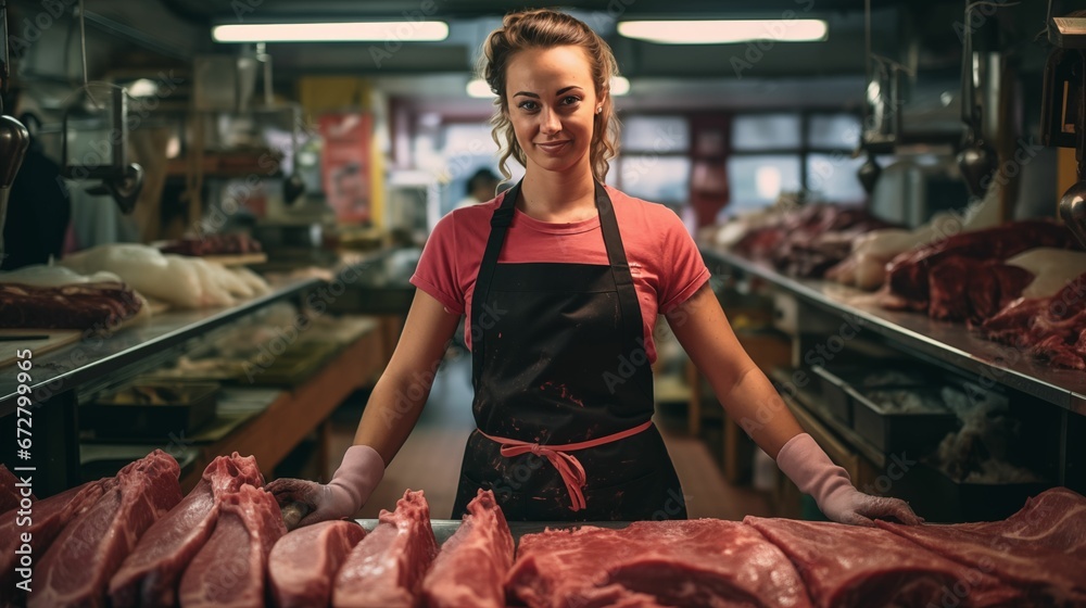 Image of a woman butcher at work in a butcher shop.